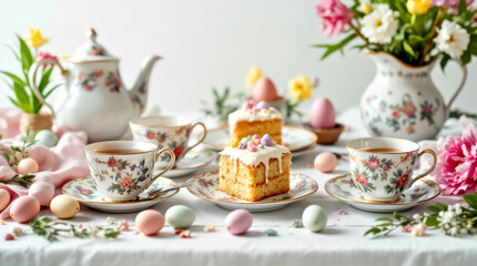Fototapeta premium Elegant Easter Brunch with Painted Eggs and Traditional Glazed Pastries in Vintage Floral Porcelain. Easter concept
