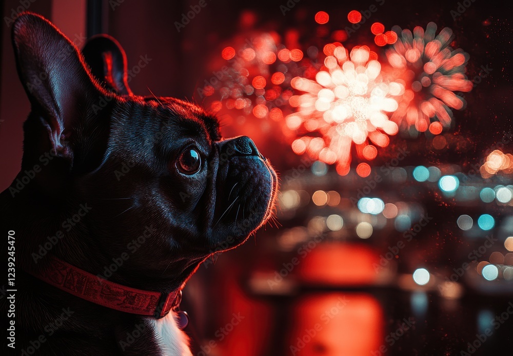 Poster dog enjoying colorful fireworks display through window at night with bokeh effect and vibrant red an