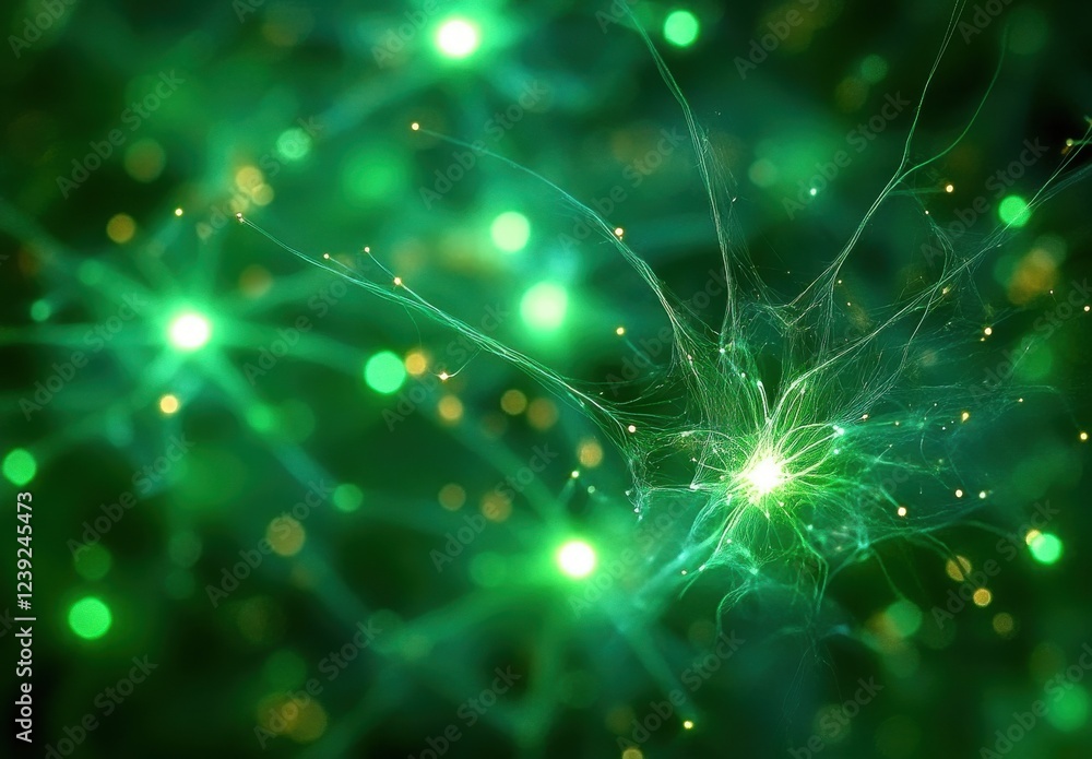 Poster detailed abstract representation of neurons with glowing green lights and soft bokeh effect for scie