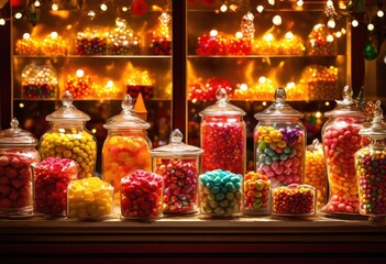 colorful display vibrant candy assortment clear glass jars creating festive delightful candy shop atmosphere, rainbow, lgbtq, lgbt, pride, love, equality