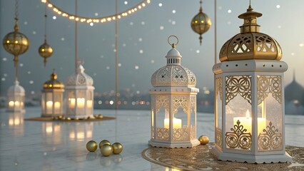 Obraz premium Beautiful ramadan elegant hanging lanterns background mosque background. Muslim holy month Ramadan Kareem