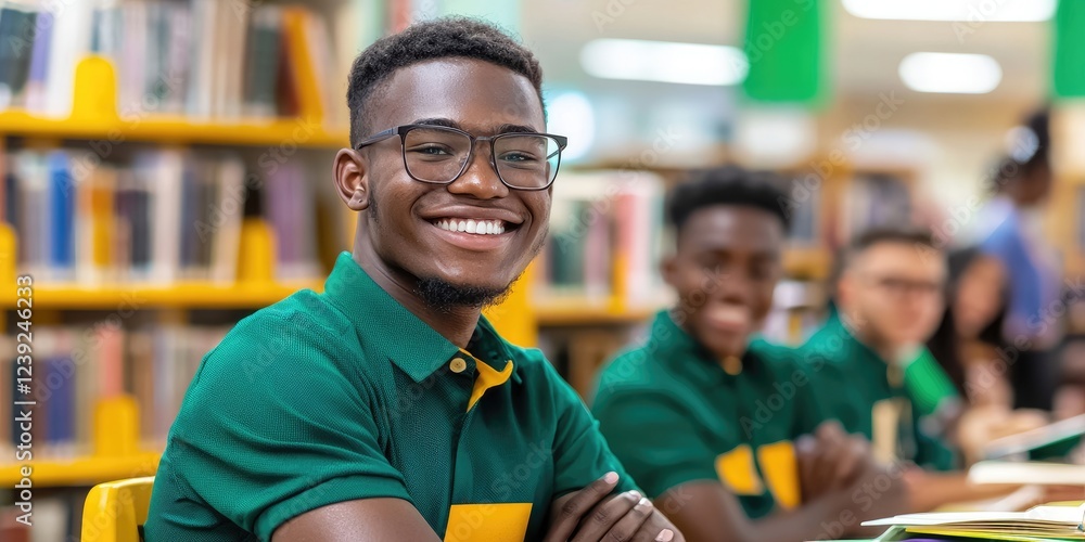 Poster group of students in matching uniforms and colorful accessories, sitting in a library, reflecting pe