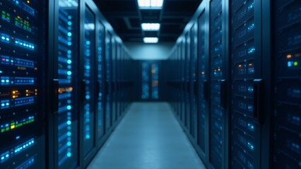 Fototapeta premium Illuminated data center corridor showcases advanced technology and digital connectivity