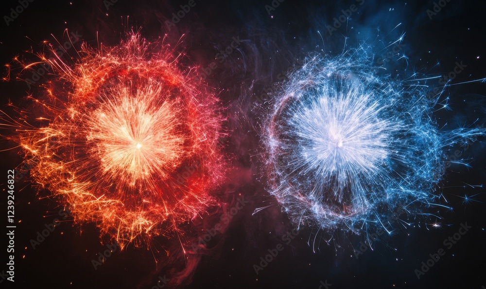 Poster dynamic energetic explosion of red and blue light particles representing contrast and duality in a c