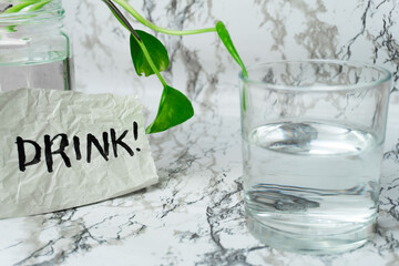 Tap water in glass on marble clean white background potos plant. Hydration, healthy lifestyle, drinking more, diet, longevity, cellulite
