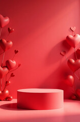 Valentines day background with red hearts and round podium. 3d render