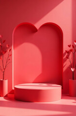 3d render, abstract minimal geometric forms. Glossy red podium for your design. Fashion show stage.