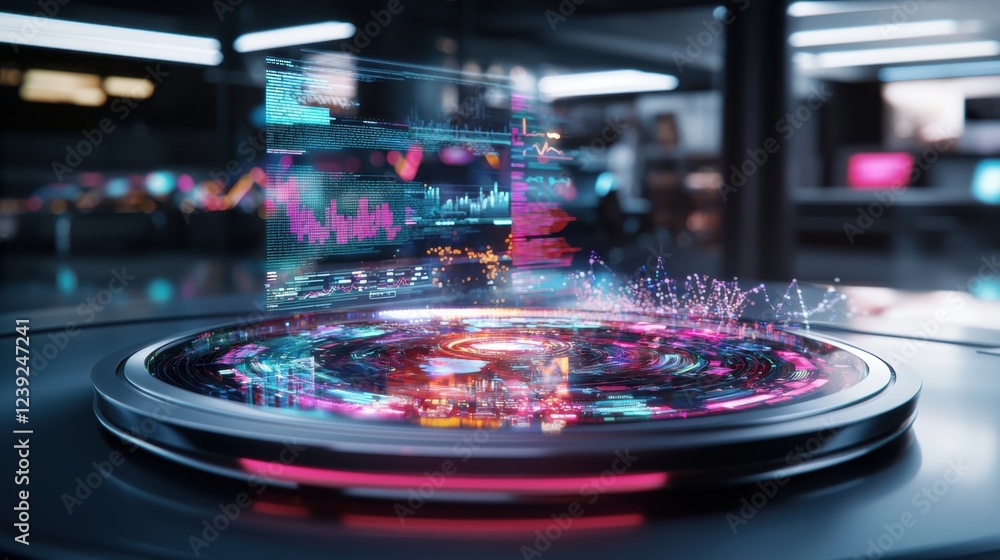 Poster visualize real-time data analytics futuristic workspace holographic dashboard high-tech environment 