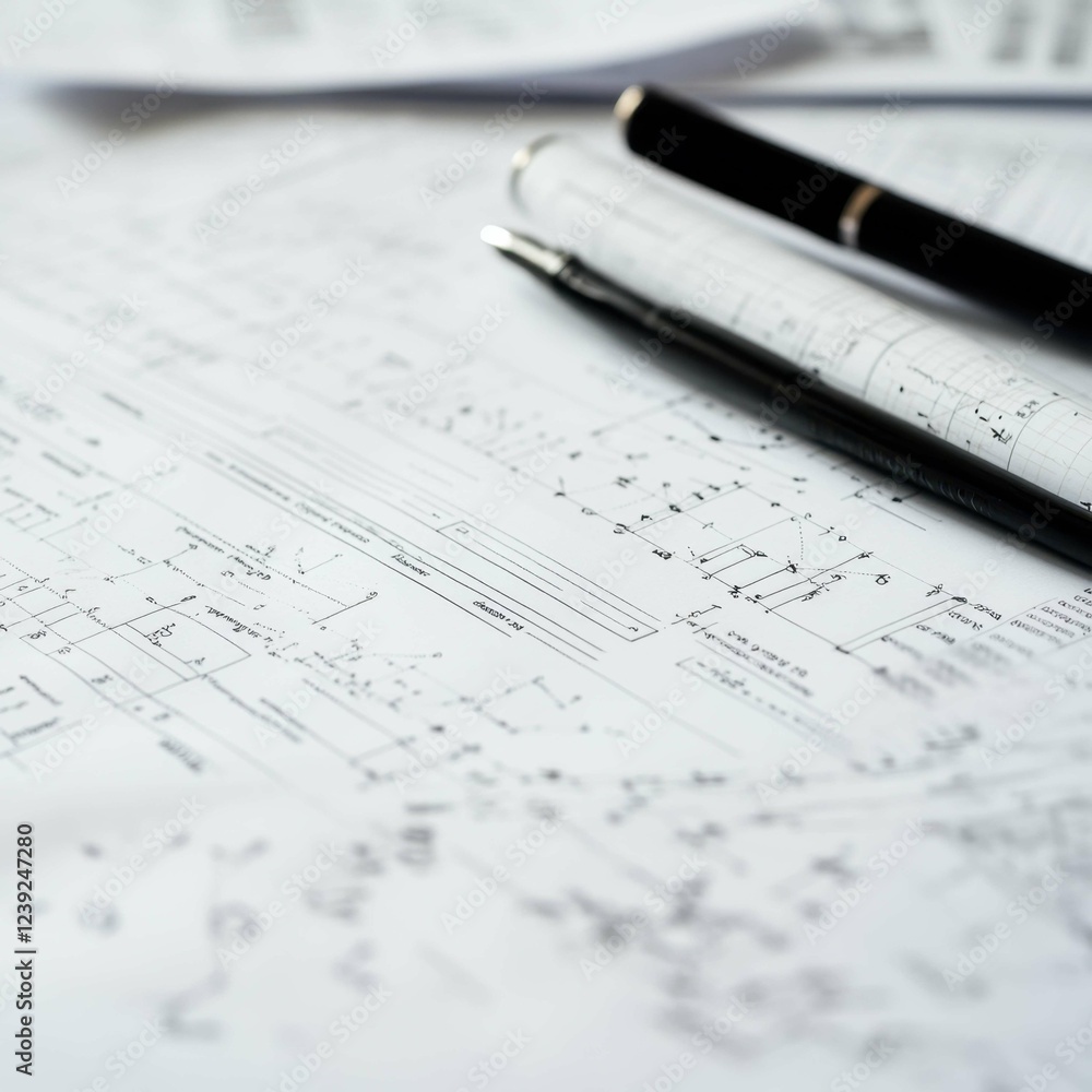 Poster close-up view of graphing paper with pen and mathematical equations