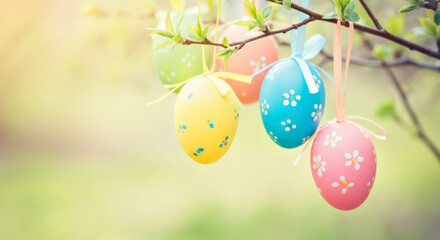 Fototapeta premium Colorful Easter Eggs Hanging on Tree Branch with Spring Blossoms in Soft Focus Background. Easter concept