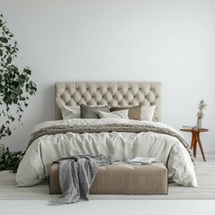Cozy modern bedroom interior with elegant decor and natural elements