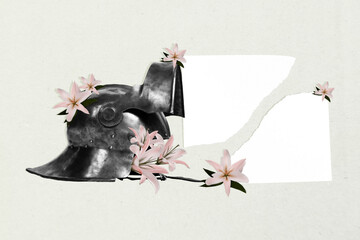 Art image poster photo collage of steel armor protection guard helmet lily decor flower springtime...