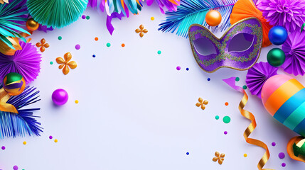 Colorful Mardi Gras Mask and Decorations on Festive Background.Mardi Gras concept