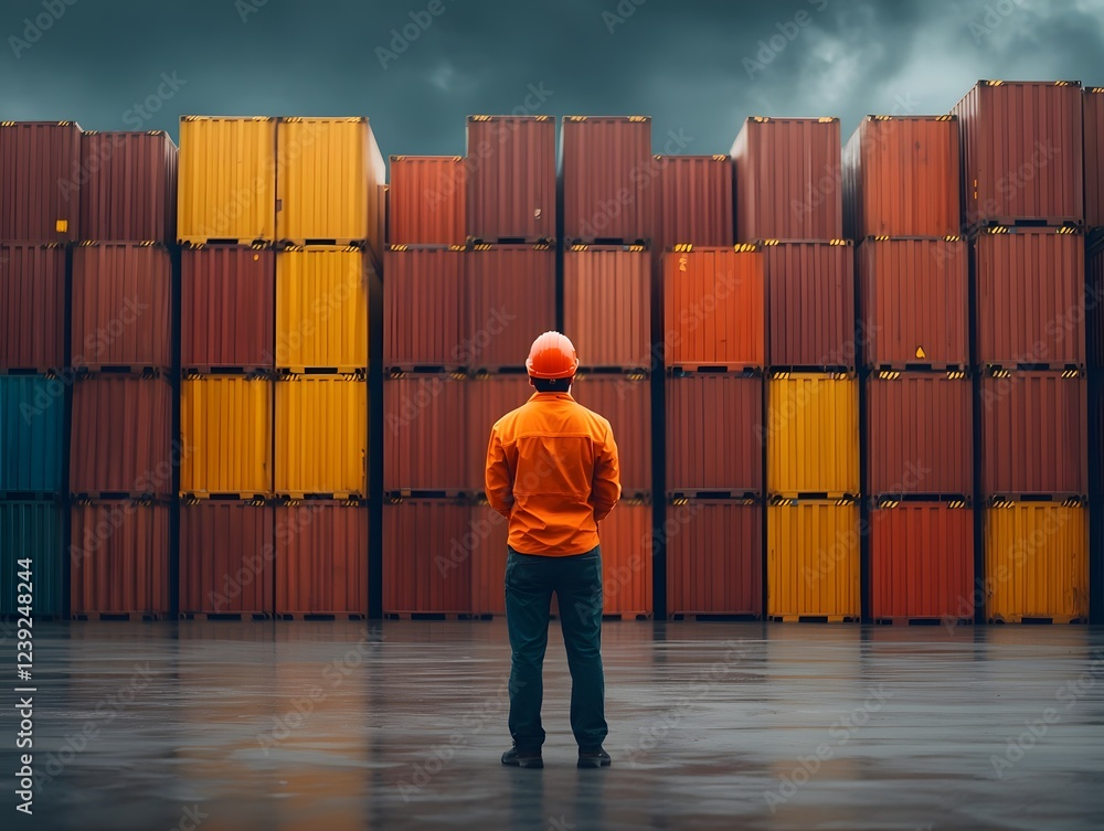 Aufkleber a focused logistics worker meticulously scanning barcodes on rows of stacked shipping containers in 