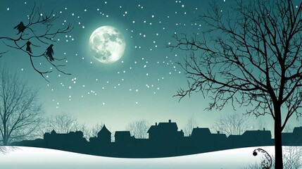 Naklejka premium Moonlit Night Sky with Silhouetted Trees and Stars in a Winter Landscape Vector Illustration