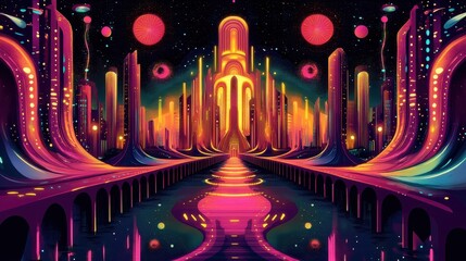 Neon Cityscape Gateway to a Vibrant Cosmic Future
