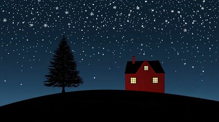 Fototapeta premium Christmas Village Night Scene with Snowy Landscape and Decorated Tree Illustration