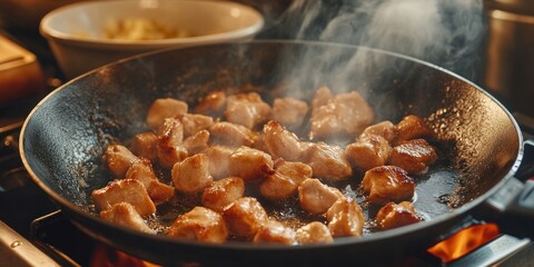 Fototapeta premium Sizzling Chicken Pieces in a Pan, Culinary Delights