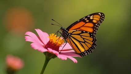 Fototapeta premium Vibrant monarch butterfly resting on a glowing orange flower under sunny skies