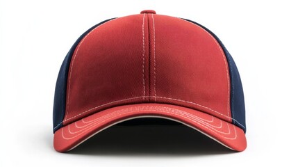 Red and black baseball cap with contrasting white stitching on white background