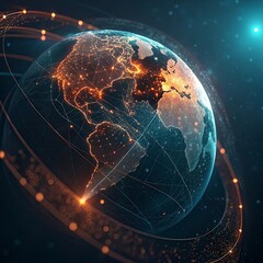 Global network, Earth from space, glowing city lights, interconnected world, digital connections, futuristic planet view, orange and blue glow, satellite communications, global technology, data stream