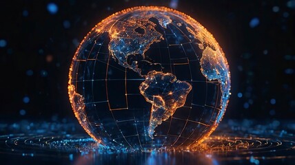 Global network, Earth from space, glowing city lights, interconnected world, digital connections, futuristic planet view, orange and blue glow, satellite communications, global technology, data stream