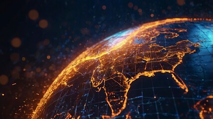 Global network, Earth from space, glowing city lights, interconnected world, digital connections, futuristic planet view, orange and blue glow, satellite communications, global technology, data stream
