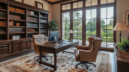 Elegant Home Office with Wooden Furniture and Natural Light