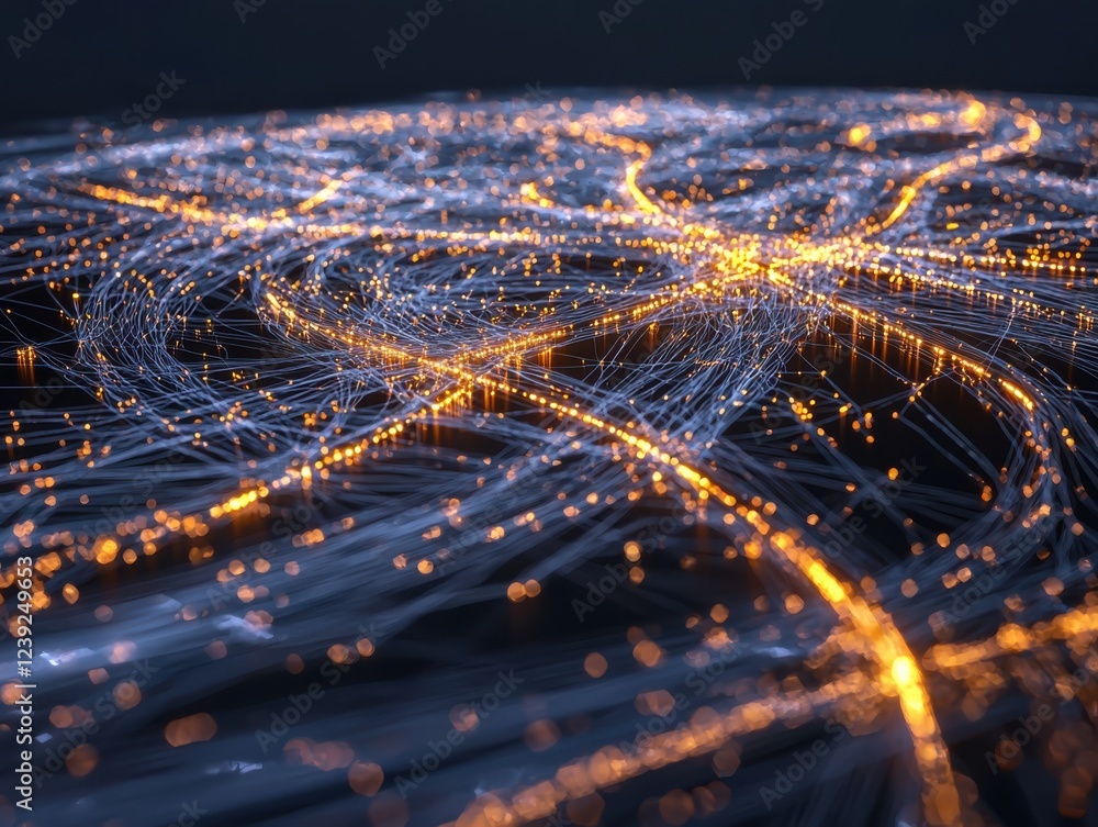 Poster visualizing data flow futuristic network of glowing lines connecting nodes in an intricate gigapixel