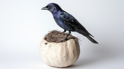 Fototapeta premium Great-tailed Grackle perched on gourd nest, white background, nature study