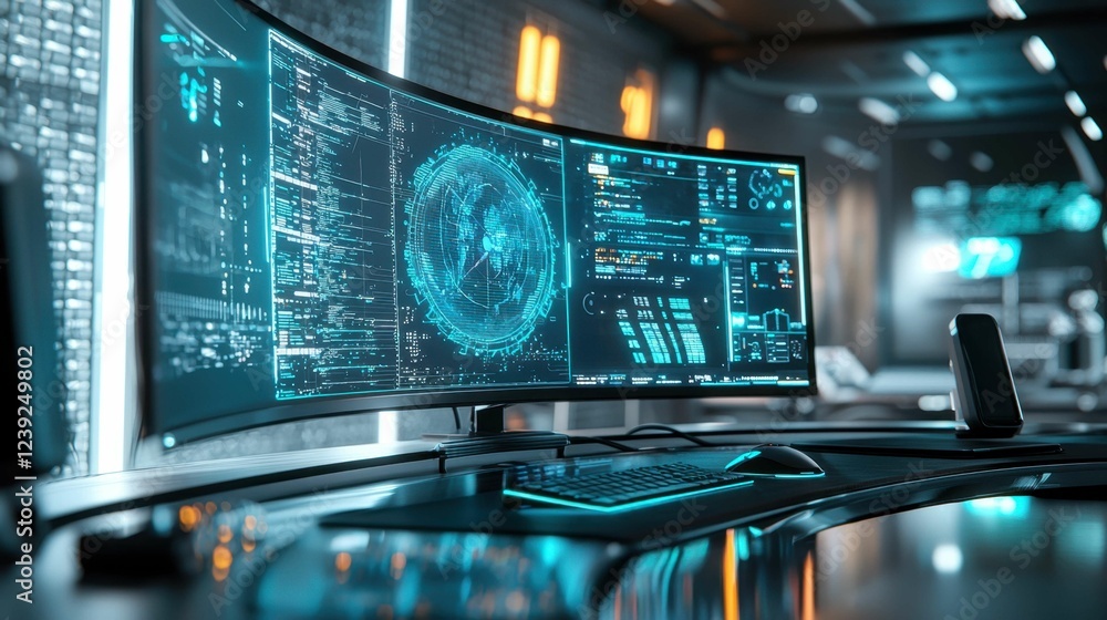 Aufkleber futuristic workspace with advanced technology and data visualization