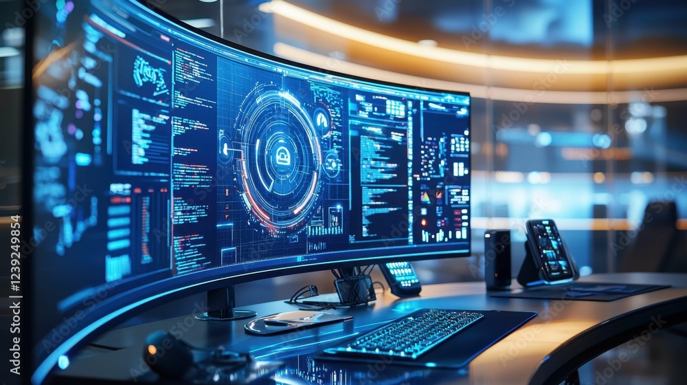 Poster futuristic desktop setup with advanced technology and user interface