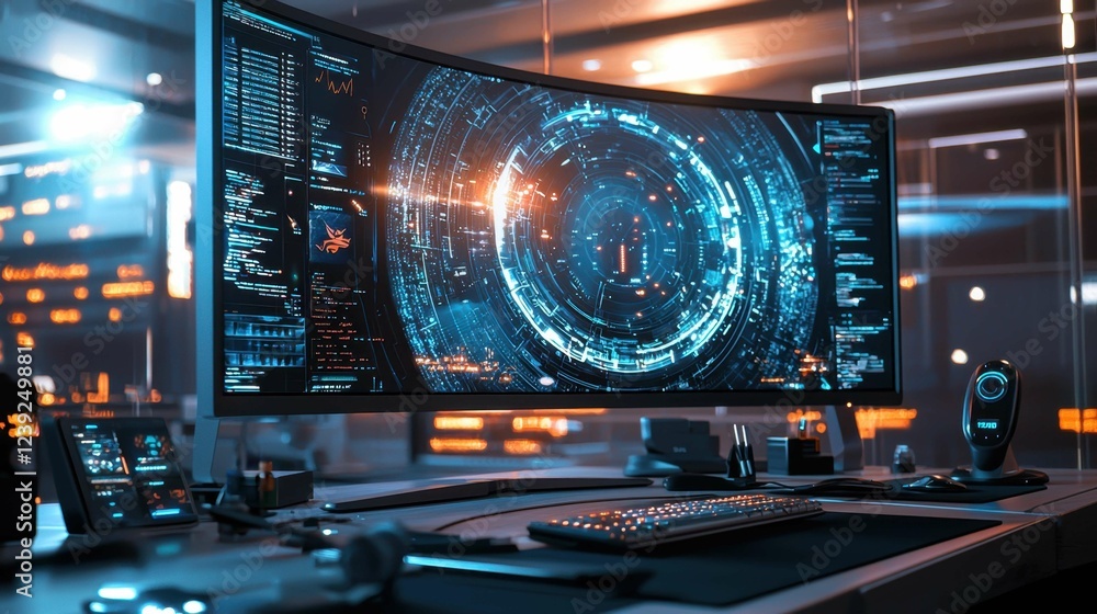 Poster high-tech workspace with futuristic computer and digital display