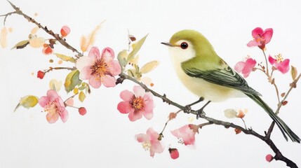 Green bird on blooming cherry branch, spring garden, watercolor art, nature card