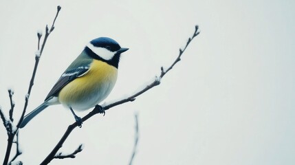 Fototapeta premium Great tit perched on snowy branch, winter scene, nature