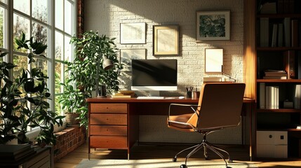Fototapeta premium Cozy and Bright Modern Home Office with Natural Light and Plants