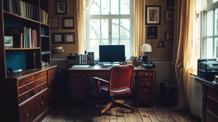 Cozy Wooden Office Space with Desk, Chair, and Natural Light