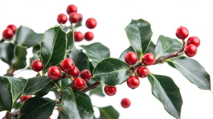 Obraz premium Close-up of holly branch with red berries and green leaves isolated on white background