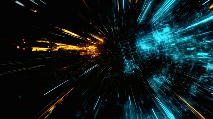 Naklejka premium A mesmerizing digital tunnel with vibrant blue and orange streaks creates an immersive experience for futuristic designs