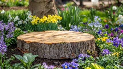 Fototapeta premium A large, freshly cut tree stump sits in a blooming garden filled with colorful flowers.