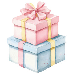 Fototapeta premium Two colorful gift boxes stacked, one pink with a bow and one blue, both adorned with ribbons.