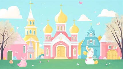 Fantasy Castle Illustration with Princess Tower in Pink Fairy Tale Village