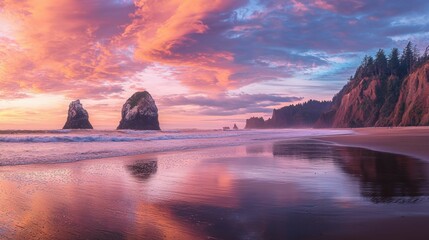 Serene Sunset Over Ocean With Rocky Shoreline and Vibrant Clouds