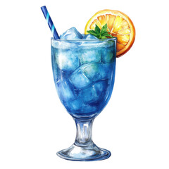 A refreshing blue cocktail served in a tall glass, garnished with a slice of orange and accompanied by a blue straw.