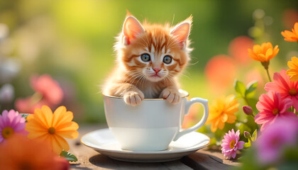There is a cat sitting in a cup on a table 4k background wallpaper