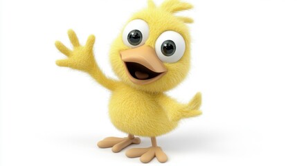 A cheerful animated yellow bird with big eyes waves joyfully, encapsulating a sense of happiness and playfulness, appealing to both children and adults with its delightful character.