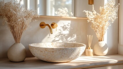 Elegant rustic bathroom with stone sink and golden fixtures surrounded by natural light and dried flowers