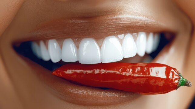 An enticing close-up of a woman displaying a wide, joyful smile while teasingly holding a chili pepper in her mouth, conveying sizzling charm and playful spirit.