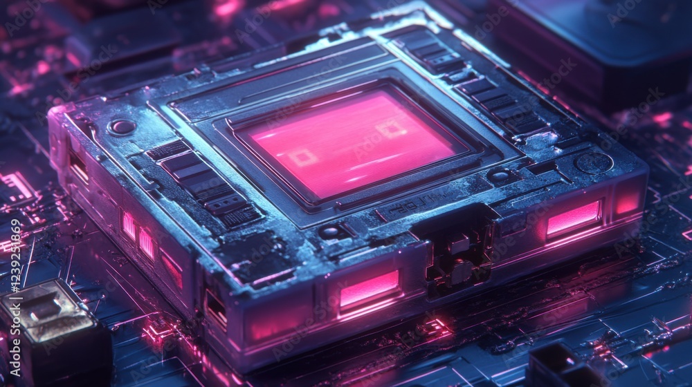 Poster futuristic neon circuit board with glowing microchip in cyberpunk style