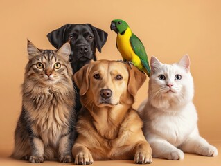 Fototapeta premium Adorable pets posing together for National Pet Day: two cats, two dogs and a parrot